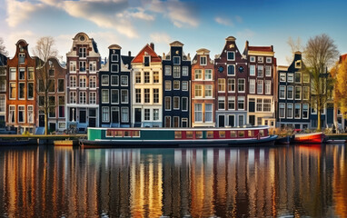 Amsterdam Netherlands dancing houses over river Amstel landmark in old european city spring landscape, Generative AI. - obrazy, fototapety, plakaty