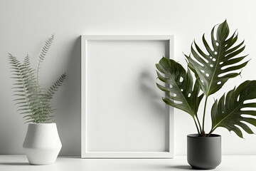 a white picture on a white wall with a green tropical plant next to it. mockup, template. Generative AI