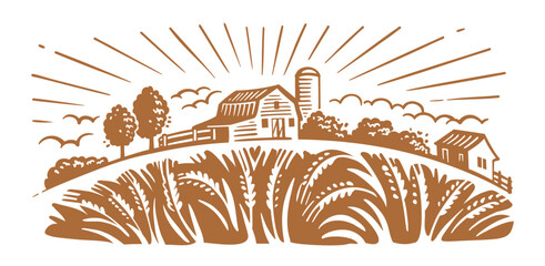 Wheat field hand drawing sketch engraving. Village - 584373029