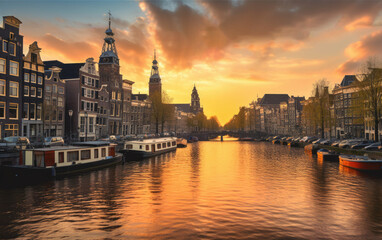 Obraz premium Amsterdam sunset city skyline at canal waterfront, Amsterdam, Netherlands, Generative AI.