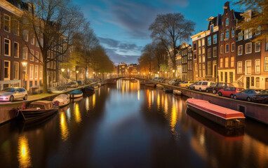 Canal at night in Amsterdam in Holland, Netherlands, Generative AI.