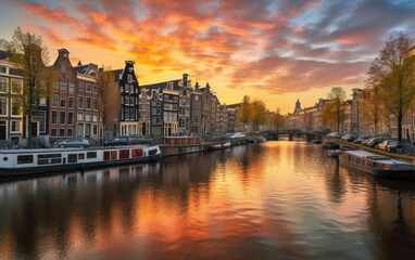 Naklejka premium Amsterdam sunset city skyline at canal waterfront, Amsterdam, Netherlands, Generative AI.