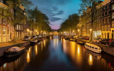 Canal at night in Amsterdam in Holland, Netherlands, Generative AI. - obrazy, fototapety, plakaty
