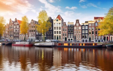 Fototapeta na wymiar Channel in Amsterdam Netherlands houses river Amstel landmark, Generative AI.