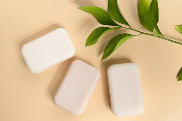 Pieces of soap mocap on a beige isolated background with a green sprig of a plant top view. Natural cosmetics for skin care concept.