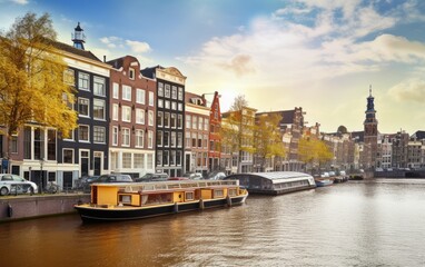 Channel in Amsterdam Netherlands houses river Amstel landmark, Generative AI.