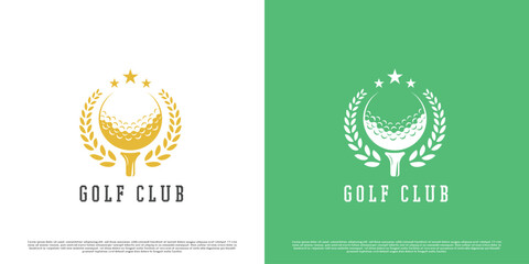 Golf club logo design illustration. Creative idea golden golf ball silhouette sport badge label stamp. Classic retro vintage professional sport design.
