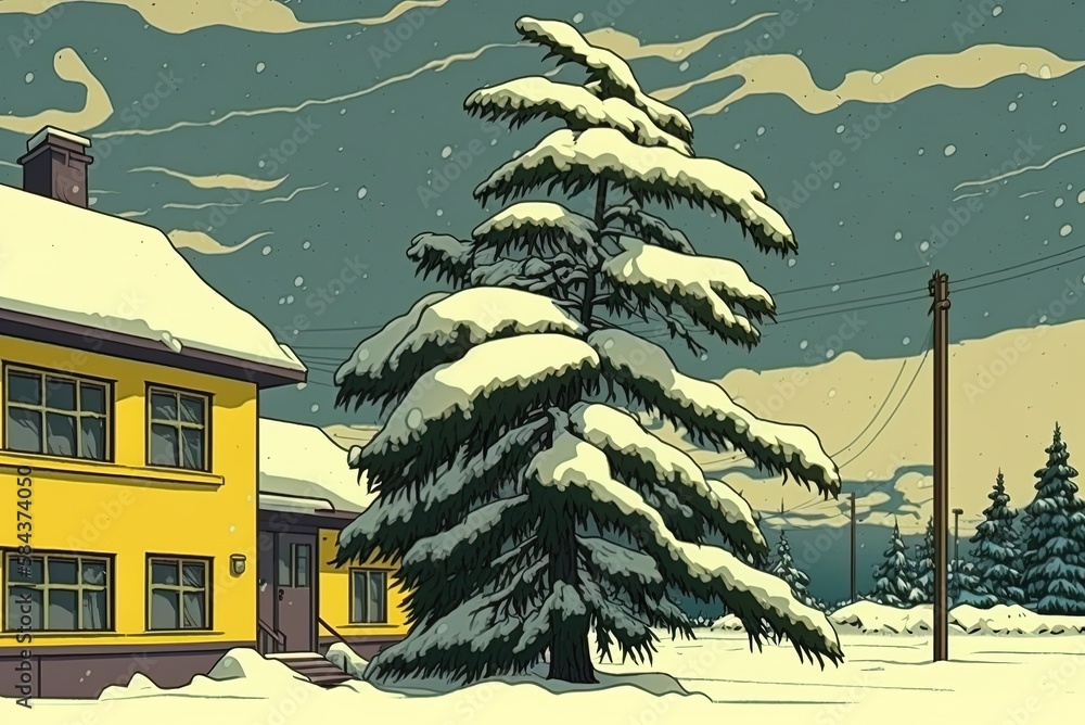 Poster picture of a spruce tree in a snowbank, with a yellow structure in the backdrop generative ai