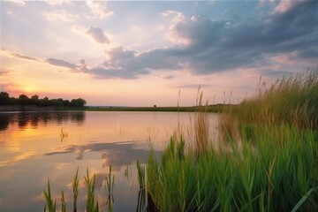 Naklejka na ściany i meble the sun is setting over a lake with tall grass in the foreground and clouds in the sky over the water and grass in the foreground. generative ai