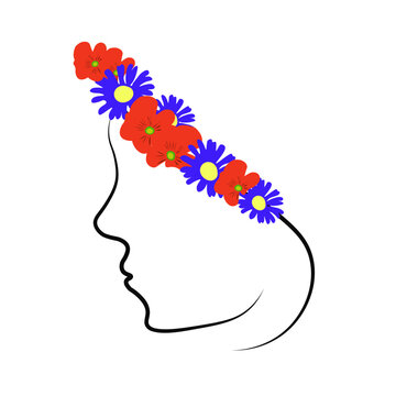 Wildflowers wreath on womens head. Girls profile face with poppies and blue daisies, vector eps 10