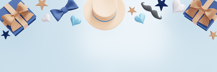 Fototapeta na wymiar Father's day banner. Festive symbols hat mustache bow tie gifts. 3D rendering