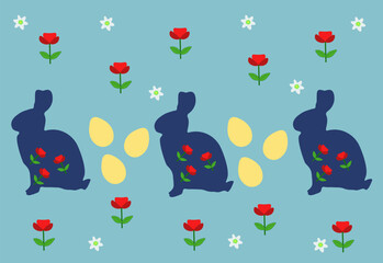 Easter card with flowers, yellow eggs, rabbits on blue background. Happy greeting with folk bunnies, vector eps 10