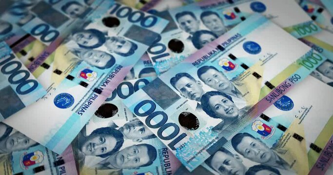 Philippines Peso growing pile of money. PHP banknotes loop rotaring. Seamless and looped background concept of finance, economy crisis, inflation and business.