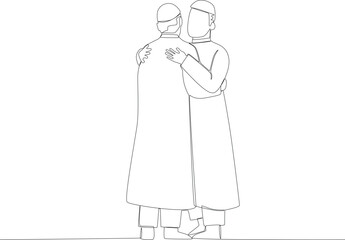 Two men hugging on eid day. Silaturahim one-line drawing