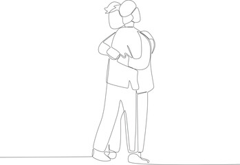 Two friendly men hugging each other. Silaturahim one-line drawing