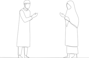 Men and women greet each other. Silaturahim one-line drawing
