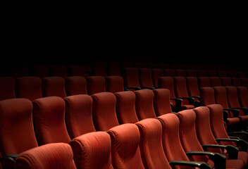 The seats of a cinema or a theater, surrounded by the darkness, rows of red velvet chairs. Evocative illustration.
