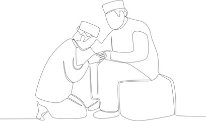 A boy kneeling apologizes to his father. Silaturahim one-line drawing - obrazy, fototapety, plakaty