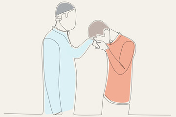 Color illustration of a boy kissing his father's hand. Silaturahim one-line drawing