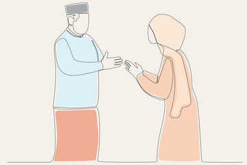 Color illustration of a daughter greeting her father. Silaturahim one-line drawing