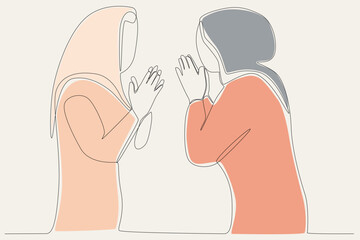 Color illustration of two women greeting each other. Silaturahim one-line drawing