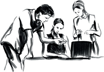 Hand brush sketch of young people at work. Vector illustration.