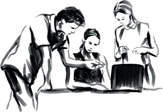 Hand brush sketch of young people at work. Vector illustration.