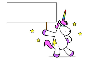 Niedliches rosa Cartoon Einhorn hält ein leeres Schild