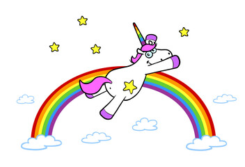 Rosa Cartoon Einhorn fliegt vor buntem Regenbogen
