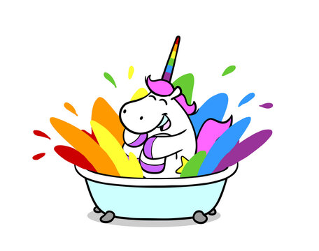 Lustiges Cartoon Einhorn springt in Badewanne mit Regenbogen Farbe