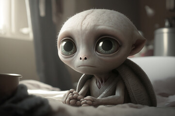 Little sad alien. Cute grey alien. Moody, fantasy, aliens invasion.