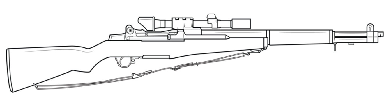 Vector illustration of the M1 Garand rifle with sniper scope and sling on the white background. Right side.