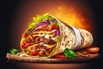 Shawarma sandwich in pita with beef meat vegetables and cheese, created with generative ai