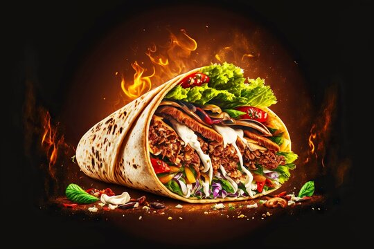Traditional shawarma with meat and vegetables in flatbread on fire on black background, created with generative ai