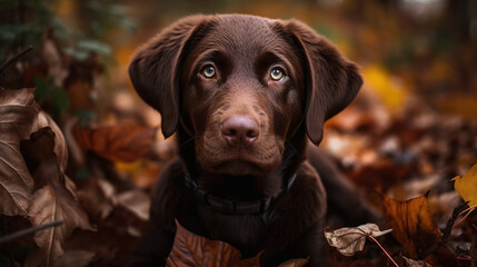 Chocolate Lab Sitting in Autumn Leaves