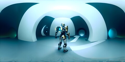 Photo of a futuristic robot in front of a bright white tunnel