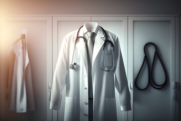 Fototapeta na wymiar Professional medical physician doctor in white uniform gown coat and stethoscope in clinic hospital.Medical, healthcare, technology concept made with Generative AI