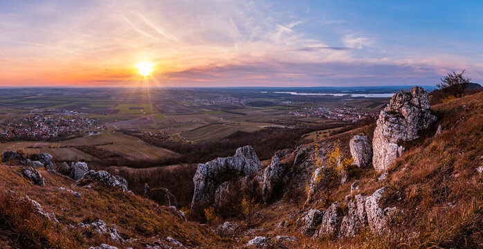 Beautiful sunset in P&aacute;lava. Limestone rocks in Klentnice. Spring sunset on Table Mountain.
