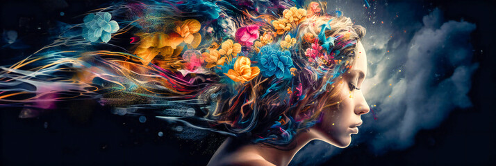 Banner of the profile of a woman head decorated with bright flowers, spring, awareness, spirituality concept on black background. Illustration created with generative AI tools.