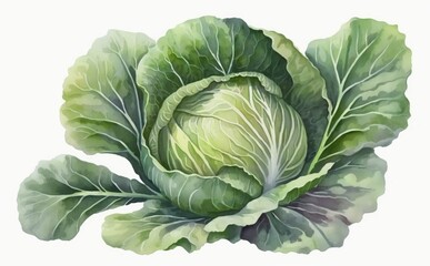 Fototapeta premium A drawn cabbage on white background watercolor vegetable organic food illustrations Generative AI