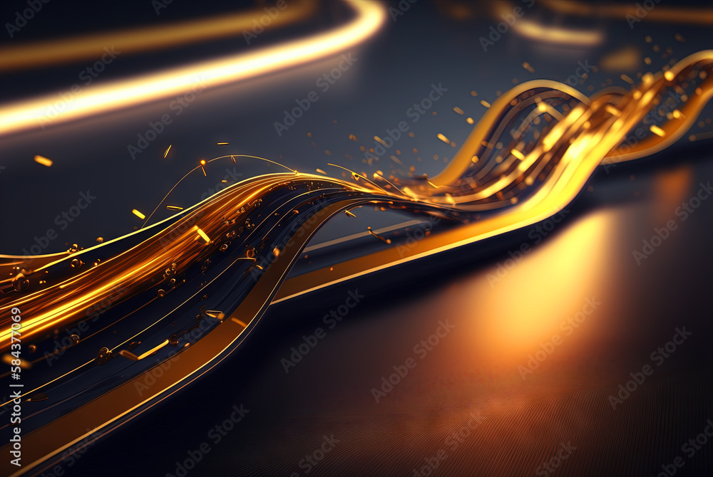Poster Technology abstract with shiny data wave flow. Science concept with glowing wires connected on futuristic background. Generated AI.