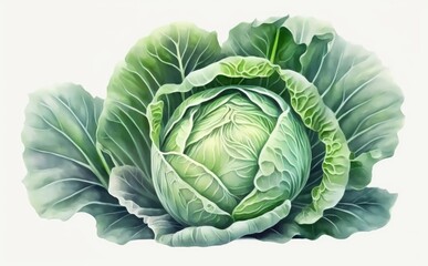Fototapeta premium A drawn cabbage on white background watercolor vegetable organic food illustrations Generative AI
