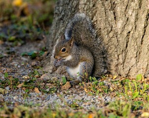 Closeup of a cute Eastern grey tree squirrel, Sciurus carolinensis searching for food in a forest