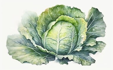 Fototapeta premium A drawn cabbage on white background watercolor vegetable organic food illustrations Generative AI