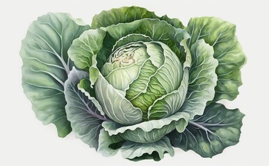 Fototapeta premium A drawn cabbage on white background watercolor vegetable organic food illustrations Generative AI