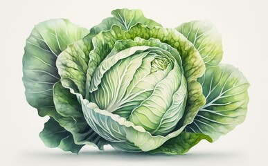 Fototapeta premium A drawn cabbage on white background watercolor vegetable organic food illustrations Generative AI