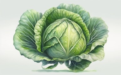 A drawn cabbage on white background watercolor vegetable organic food illustrations Generative AI
