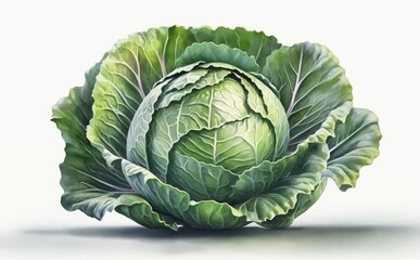 A drawn cabbage on white background watercolor vegetable organic food illustrations Generative AI