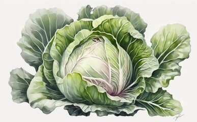 Fototapeta premium A drawn cabbage on white background watercolor vegetable organic food illustrations Generative AI
