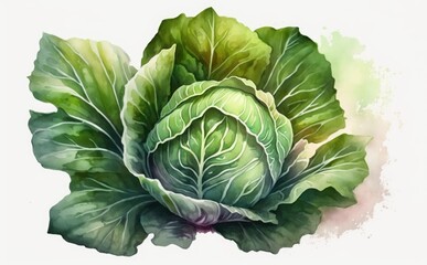 Fototapeta premium A drawn cabbage on white background watercolor vegetable organic food illustrations Generative AI